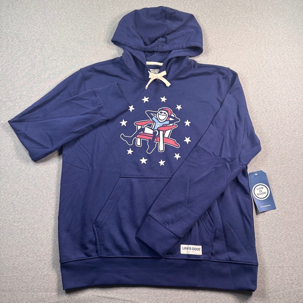 Life is Good Hoodie Men L Navy Blue Graphic Print Relaxed Fit Long Sleeve NWT!